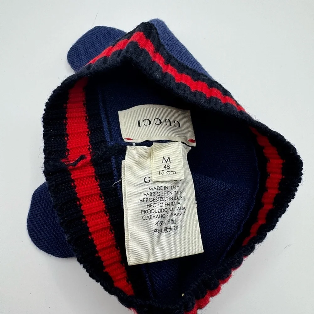 Gucci Baby Navy Beanie with Red Stripe and Ear Details Wool